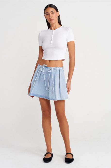Katoenen Denim Mini A-lijn Rok Met Strikdetails - Image 1