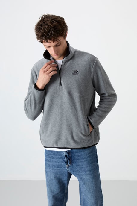 Heren Slim Fit Halflange Rits Pluche Sweatshirt - Image 3