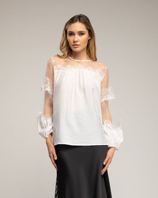Chiffon blouse met mouwen en schouders van tule en kantdetails - Image 1