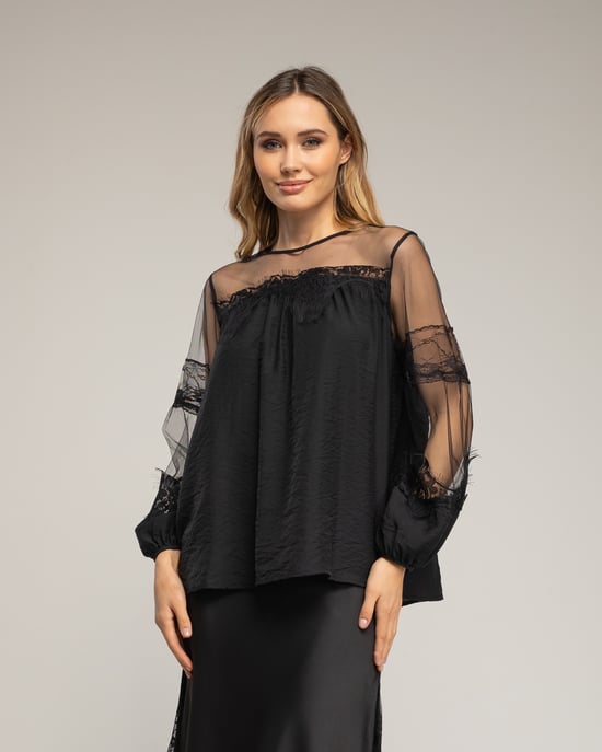 Chiffon blouse met mouwen en schouders van tule en kantdetails - Image 1
