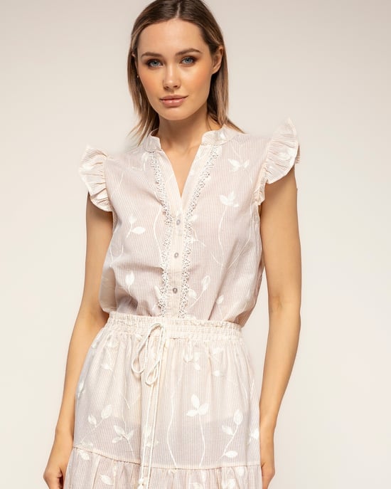 Gestreepte blouse met borduursels en kantdetail met ruches aan de mouwen - Image 3
