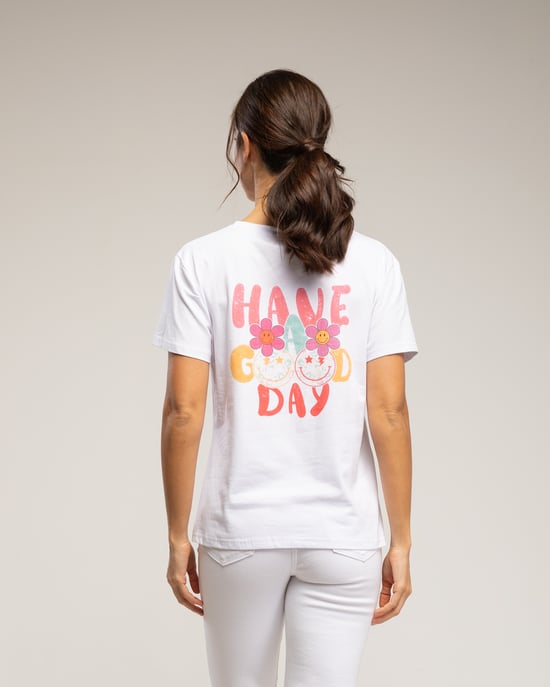 T-shirt met een margrietjesprint op de voorkant en de tekst "have a good day" op de rug - Image 2