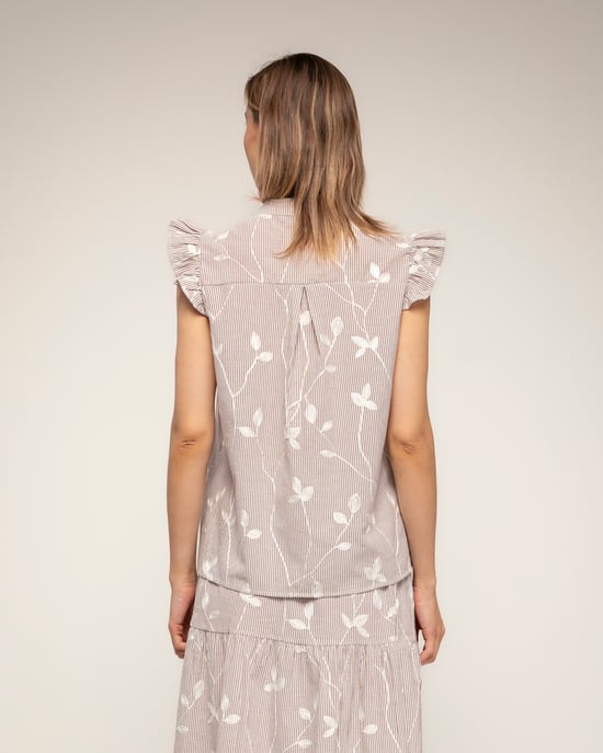Gestreepte blouse met borduursels en kantdetail met ruches aan de mouwen - Image 2