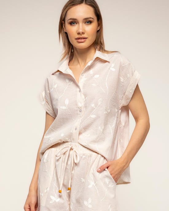 Gestreepte blouse met borduursels en korte mouwen met omslag - Image 3