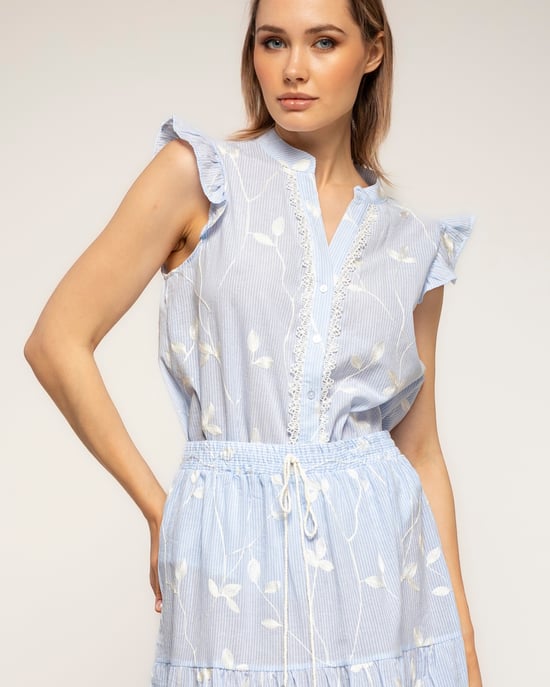 Gestreepte blouse met borduursels en kantdetail met ruches aan de mouwen - Image 3
