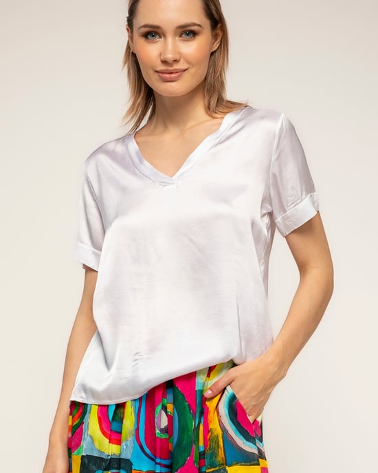 T-shirt met korte mouwen en V-hals van zijde - Image 3
