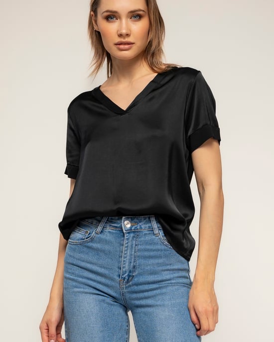 T-shirt met korte mouwen en V-hals van zijde - Image 3
