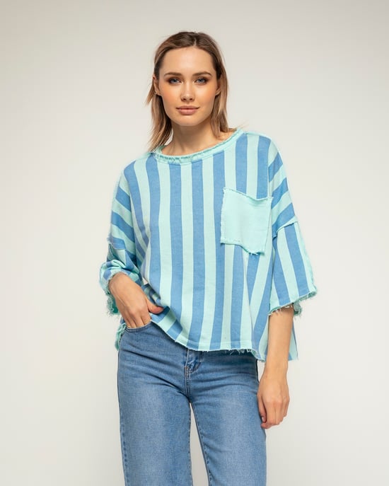 Gestreepte sweatshirt met korte mouwen, zakken en gerafelde afwerking - Image 1