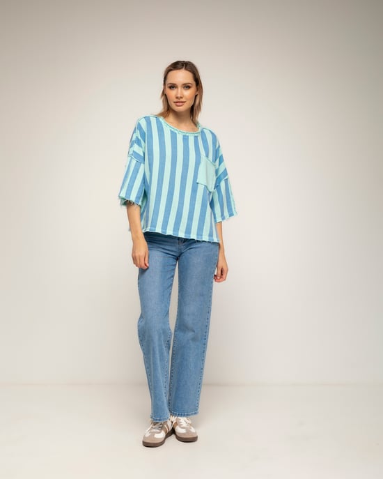Gestreepte sweatshirt met korte mouwen, zakken en gerafelde afwerking - Image 4