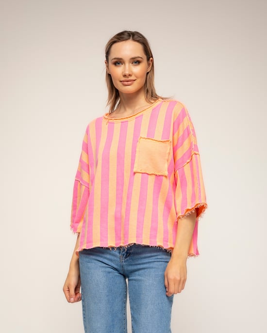 Gestreepte sweatshirt met korte mouwen, zakken en gerafelde afwerking - Image 1