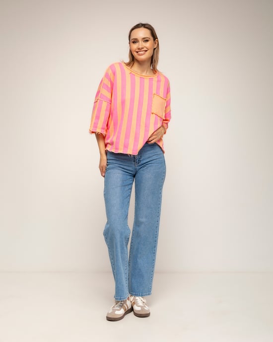 Gestreepte sweatshirt met korte mouwen, zakken en gerafelde afwerking - Image 4