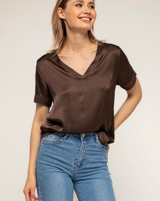 T-shirt met korte mouwen en V-hals van zijde - Image 3