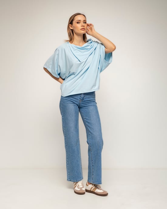 T-shirt met vleermuismouwen en boothals met omslag - Image 4
