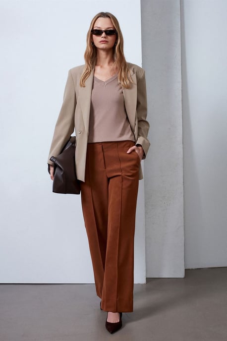 Dames Hoge Taille Brede Pijpen Nepleer Broek - Image 1