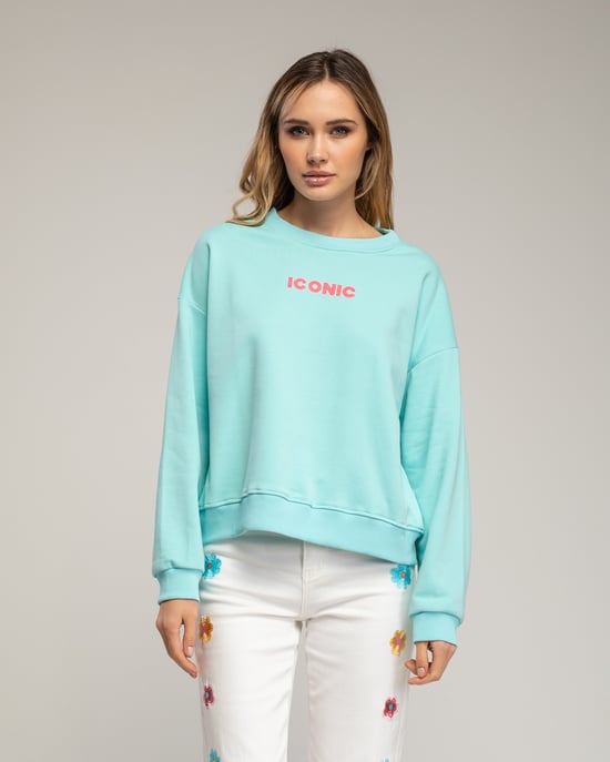 Sweatshirt met de tekst 'iconic' in neonkleur op de voorkant en de rug. - Image 1