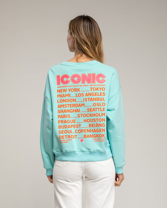 Sweatshirt met de tekst 'iconic' in neonkleur op de voorkant en de rug. - Image 2