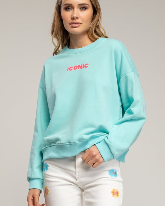 Sweatshirt met de tekst 'iconic' in neonkleur op de voorkant en de rug. - Image 3