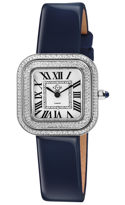 GV2 Bellagio Women's Swiss Made Diamond Watch, Silver-White Dial, Genuine Dark Blue Handmade Leather Strap - Image 1