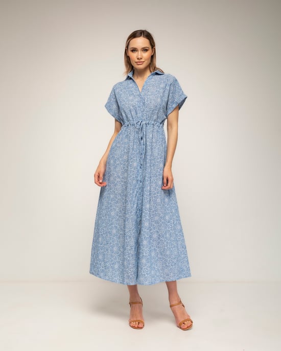 Geborduurde midi-blousejurk met korte mouwen en een gerimpelde taille - Image 1