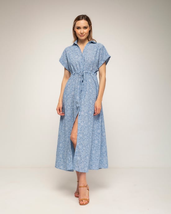 Geborduurde midi-blousejurk met korte mouwen en een gerimpelde taille - Image 2