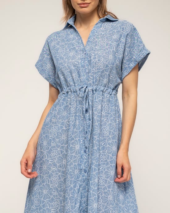 Geborduurde midi-blousejurk met korte mouwen en een gerimpelde taille - Image 4