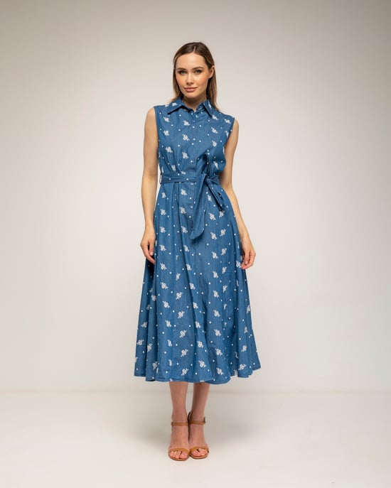 Midi tencel-blousejurk met borduursels, een uitlopende pasvorm en een riem - Image 2