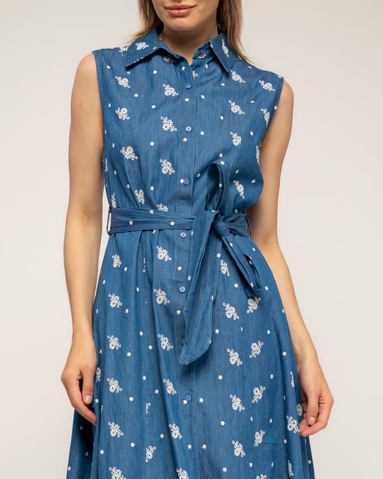 Midi tencel-blousejurk met borduursels, een uitlopende pasvorm en een riem - Image 4