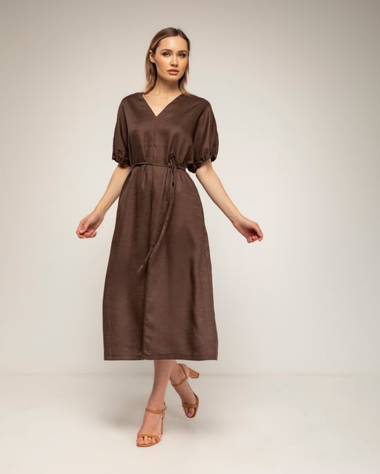 Oversized jurk met gerimpelde mouwen, V-hals en een losse ceintuur - Image 2