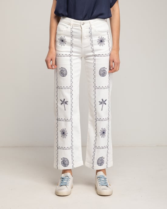 Straight fit jeans met geometrische patronen, schelpen en palmbomen. - Image 2