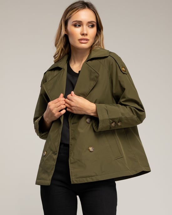 Korte gewatteerde trenchcoat met dubbele knopenrij, zijzakken en een uitlopende achterkant - Image 3