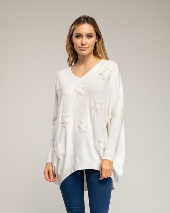 Oversized lange gebreide trui met opgetikte stoffen sterren met strass. - Image 1
