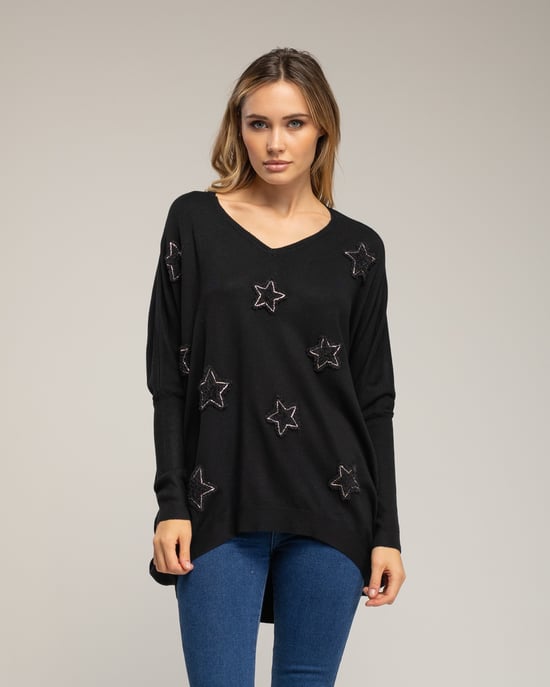 Oversized lange gebreide trui met opgetikte stoffen sterren met strass. - Image 1