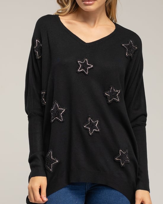 Oversized lange gebreide trui met opgetikte stoffen sterren met strass. - Image 3
