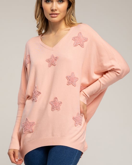Oversized lange gebreide trui met opgetikte stoffen sterren met strass. - Image 3