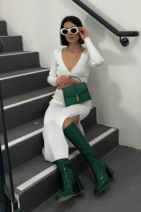 2 Stuks: V-hals Lange Mouwen Crop Top & Hoge Taille Split Maxi Rok - Image 1
