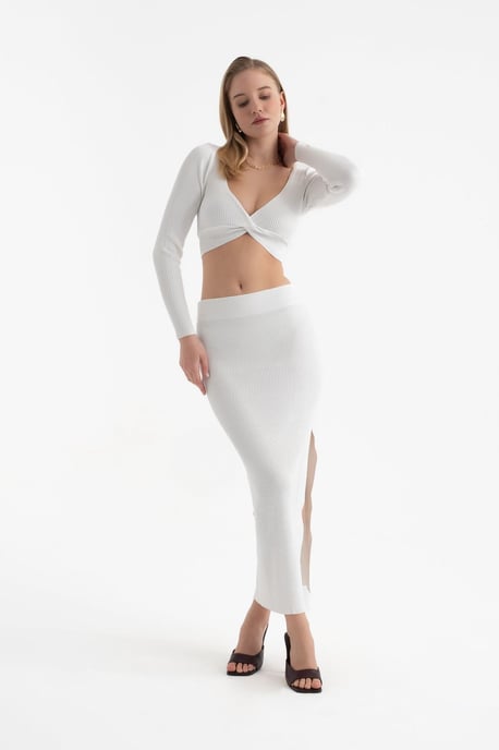 2 Stuks: V-hals Lange Mouwen Crop Top & Hoge Taille Split Maxi Rok - Image 2