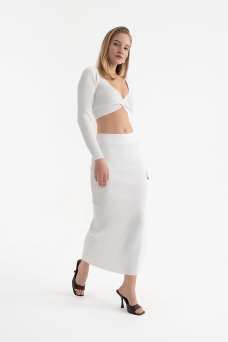2 Stuks: V-hals Lange Mouwen Crop Top & Hoge Taille Split Maxi Rok - Image 3