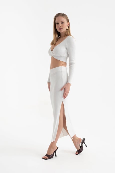 2 Stuks: V-hals Lange Mouwen Crop Top & Hoge Taille Split Maxi Rok - Image 4