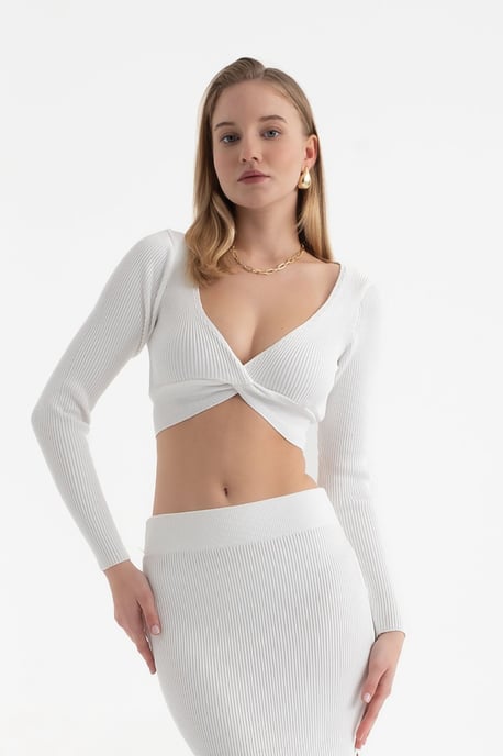 2 Stuks: V-hals Lange Mouwen Crop Top & Hoge Taille Split Maxi Rok - Image 6