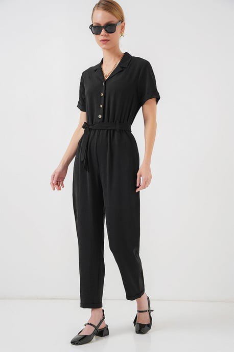 Effen Geweven Jumpsuit met Kraag en Strikdetail - Image 1