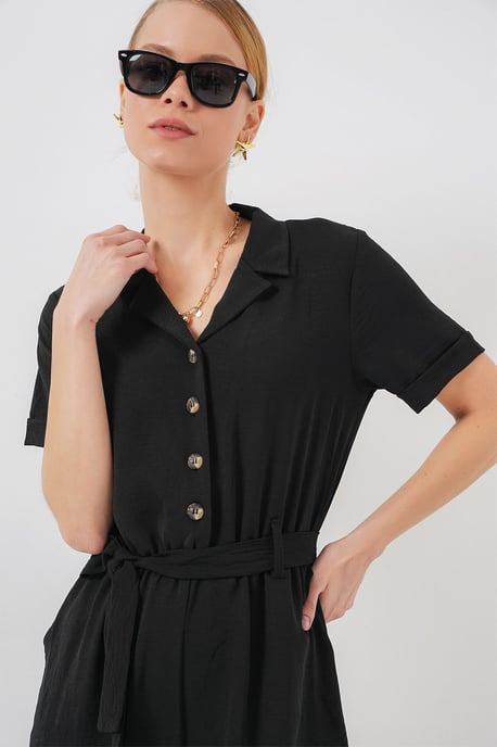 Effen Geweven Jumpsuit met Kraag en Strikdetail - Image 3
