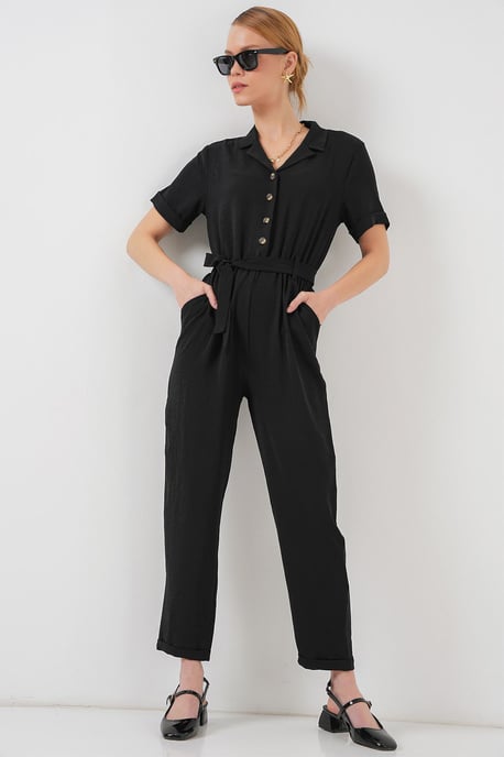 Effen Geweven Jumpsuit met Kraag en Strikdetail - Image 4