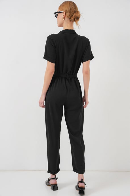 Effen Geweven Jumpsuit met Kraag en Strikdetail - Image 6
