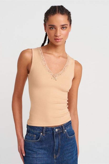 Mouwloze Kanten Geribde V-hals Blouse - Image 1