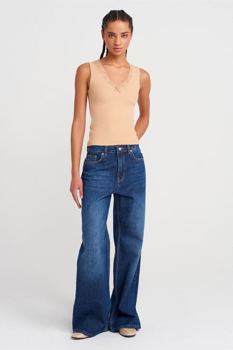 Mouwloze Kanten Geribde V-hals Blouse - Image 4