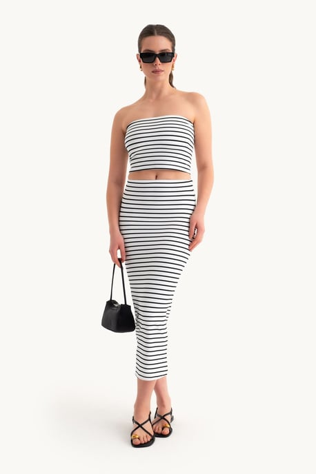 2 Stukken: Gestreepte Strapless Croptop & Gestreepte Mid Rise Midi Rok - Image 2