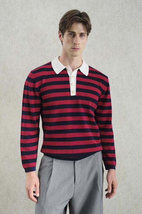 Gestreepte Ribbels Brei Trui met Polo Kraag - Image 1