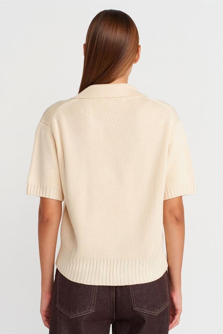 Dames Geribbelde Acryl Polo Cardigan Met Strik Voorzijde - Image 2
