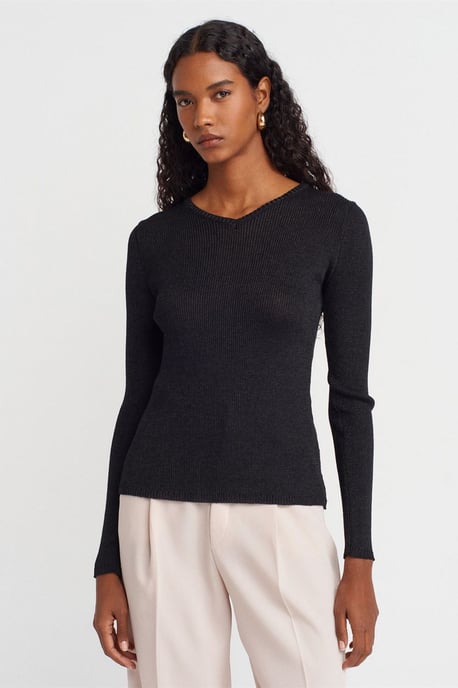 Dames Slim Fit V-hals Geribbelde Trui - Image 1