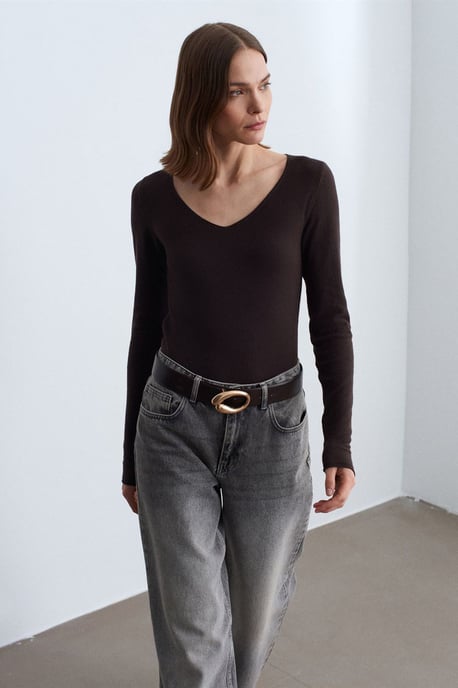 Slim Fit V-hals Ribbels Brei Trui - Image 4